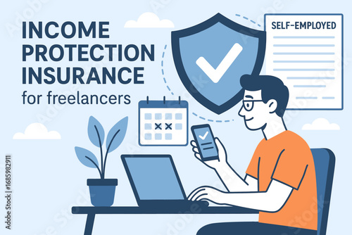 Freelancer Insurance Coverage. Banner of freelancer purchasing income protection insurance to cover self-employed work gaps.