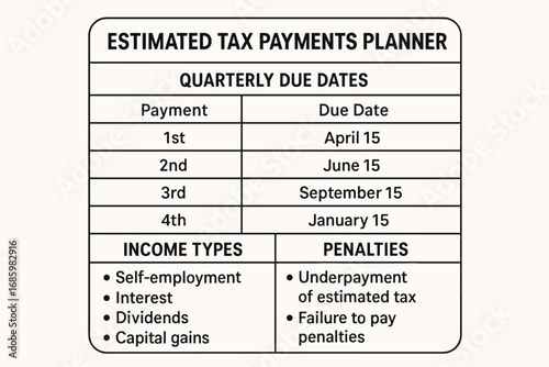 Tax Payments Planner. Vector layout of estimated tax payments planner — quarterly due dates, income types, and penalties.