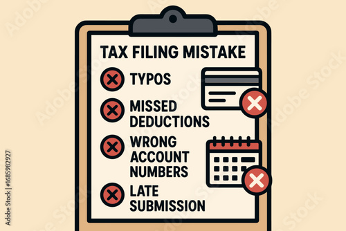 Tax Filing Mistakes. Vector art of tax filing mistake checklist — typos, missed deductions, wrong account numbers, late submission