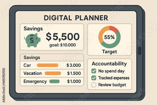 Digital Savings Planner. Vector scene of digital planner with savings widgets, color-coded targets, and accountability features.