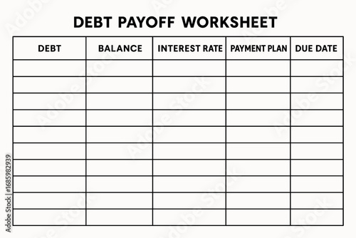 Debt Payoff Planner. Horizontal layout of printable debt payoff worksheet — balances, interest rates, payment plans, due dates.