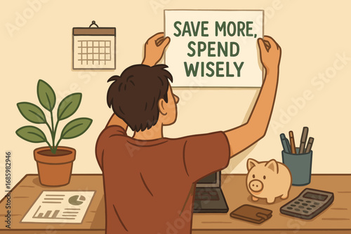 Motivational Desk Quote. Illustrated scene of young adult pinning motivational quote above desk with “save more, spend wisely”