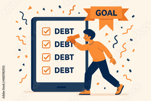 Debt-Free Celebration. Vector art of person marking off final debt on digital checklist with success confetti and goal ribbon.