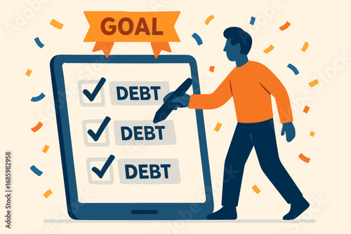 Debt-Free Celebration. Vector art of person marking off final debt on digital checklist with success confetti and goal ribbon.