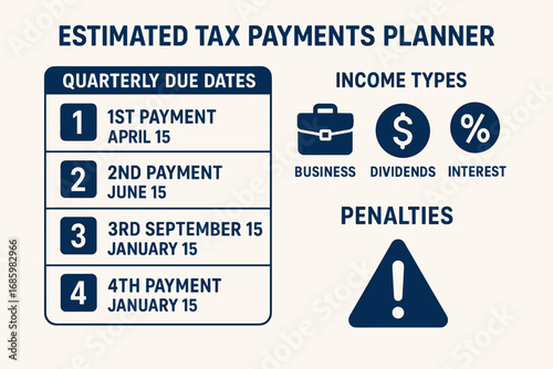 Tax Payments Planner. Vector layout of estimated tax payments planner — quarterly due dates, income types, and penalties.