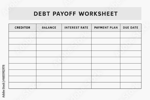 Debt Payoff Planner. Horizontal layout of printable debt payoff worksheet — balances, interest rates, payment plans, due dates.