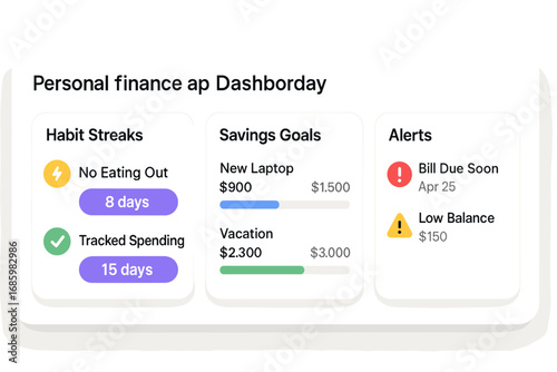 Finance App Dashboard. Horizontal layout of personal finance app dashboard showing habit streaks, savings goals, and alerts.