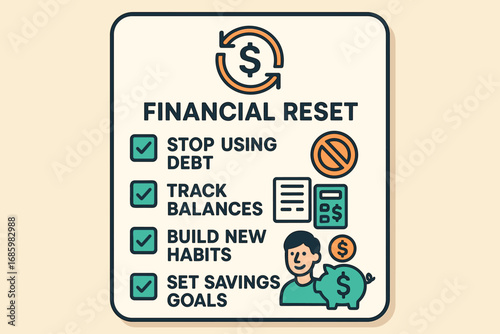 Financial Reset Checklist. Vector art of financial reset checklist — stop using debt, track balances, build new habits, set