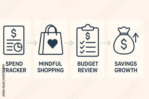 Path to Financial Growth. Banner of progress path: spend tracker → mindful shopping → budget review → savings growth.