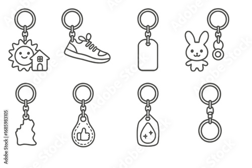 Keychain Collectibles Icons. Line style icons of keychain collectibles: novelty keyring, mini sneaker, metal tag, cartoon mascot;