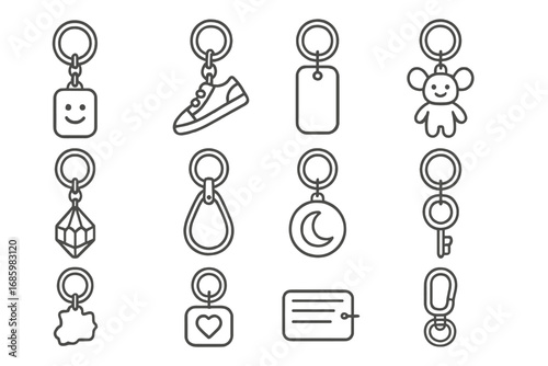 Keychain Collectibles Icons. Line style icons of keychain collectibles: novelty keyring, mini sneaker, metal tag, cartoon mascot;