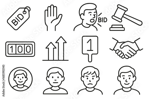 Bidding Process Icons. Line style icons of bidding process: first bid tag, raised hand, mid-bid shout, final gavel strike; bid