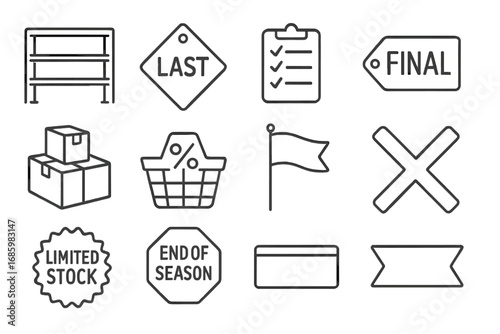Clearance Sale Icons. Line style icons of clearance sales: empty shelf sign, “last chance” label, markdown list, final price tag;