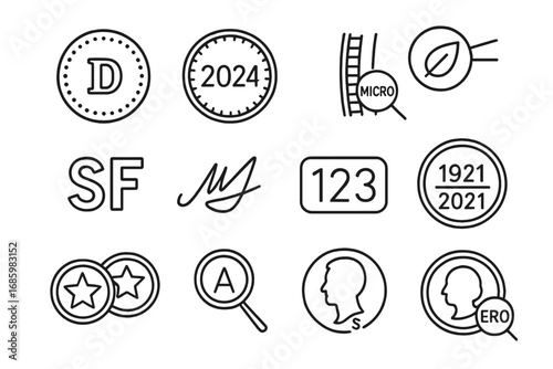 Mint Mark Icons. Line style icons of mint marks and details: tiny mint letter, year and location ring, coin edge microtext, hidden