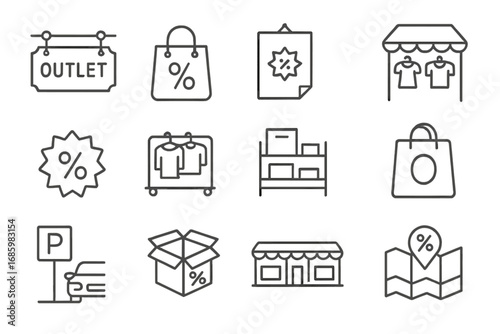 Outlet Shopping Icons. Line style icons of outlet shopping: outlet signboard, bag with percent, discount poster, sidewalk sale