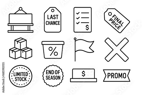 Clearance Sale Icons. Line style icons of clearance sales: empty shelf sign, “last chance” label, markdown list, final price tag;