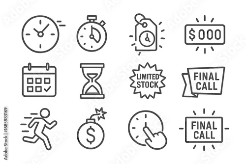 Limited-Time Discount Icons. Line style icons of limited-time discounts: countdown clock, expiring timer, tag with deadline,