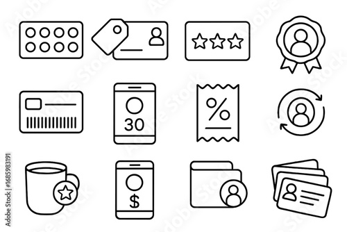 Loyalty Icons Collection. Line style icons of loyalty coupons: punch card with holes, loyalty card and tag, stars on reward pass,