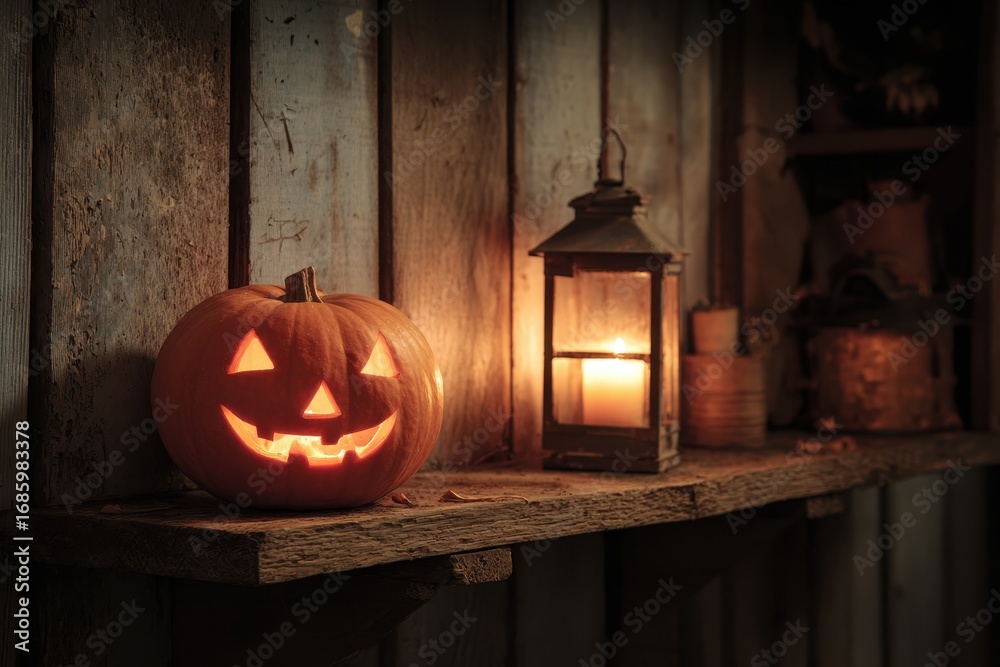 Obraz premium Carved Halloween pumpkin with a glowing candle inside a lantern on a wooden shelf