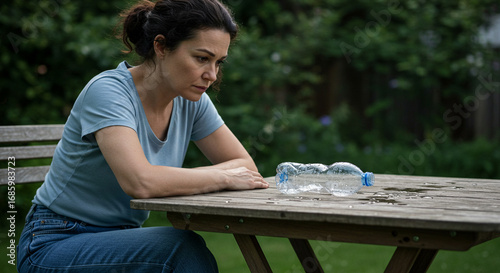 Pensive Woman with Empty Water Bottle on Wooden Table in Garden Setting