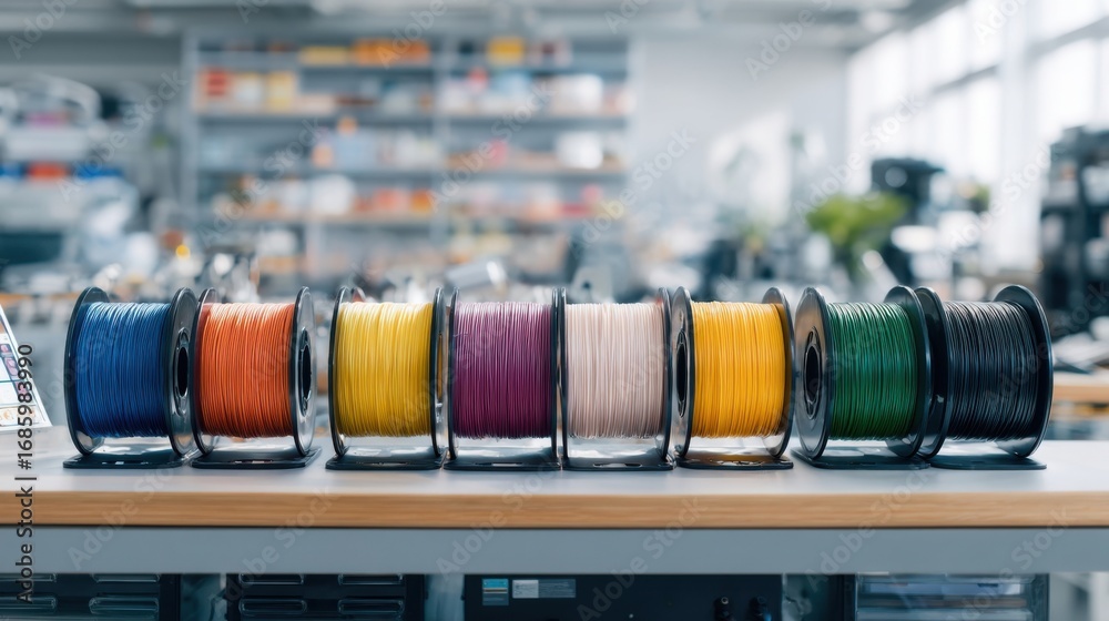 Obraz premium A series of multicolored filament spools on a workstation demonstrating the variety of biocomposite blends that can be produced for different applications.