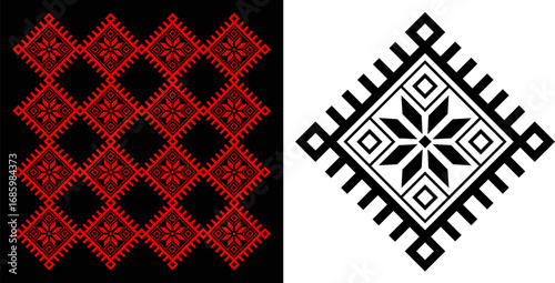 Traditional Slavic ornament. Geometric patterns in red on black and black on white backgrounds. Ethnic embroidery design, folk art motif