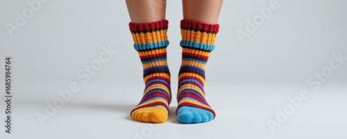 Colorful striped knee-high socks with vibrant rainbow patterns and cozy textured knit design worn by person standing on plain background