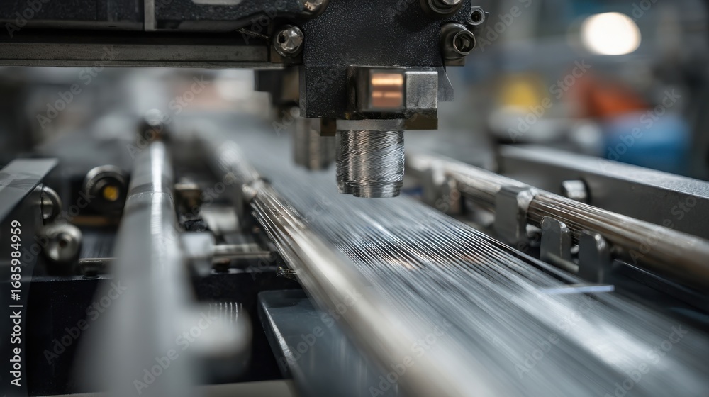 Fototapeta premium A close view of extruded cable undergoing automated cutting with precise machinery engaged in slicing through the thermoplastic insulation for final length specifications.