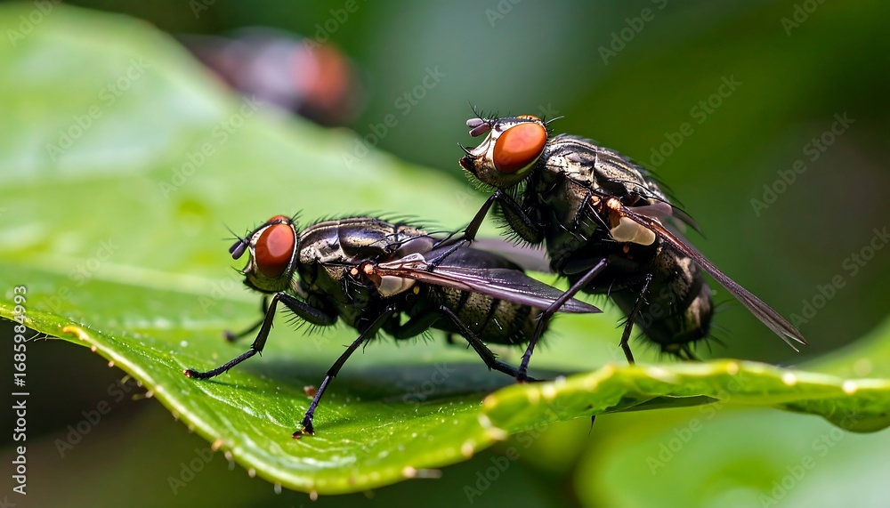 Naklejka premium Two flies mating on a bright green leaf, macro shot