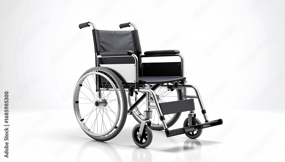 Fototapeta premium A wheelchair with a black seat and backrest on a white background.
