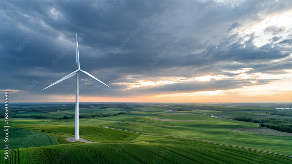 Fototapeta premium Majestic wind turbine standing tall over rolling green fields under a dramatic cloudy sky at dusk 