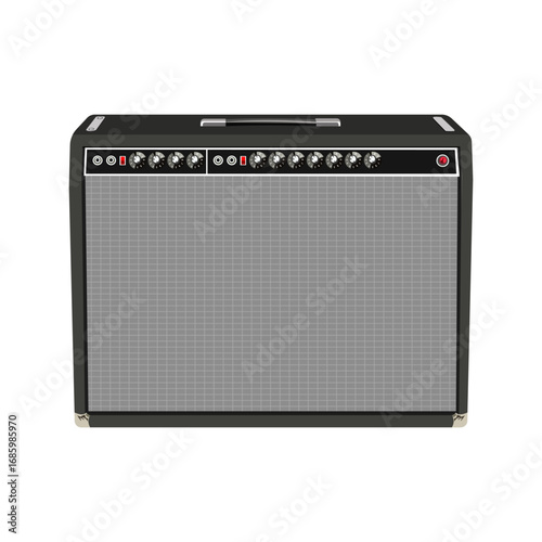 Vector illustration of a vintage guitar amplifier with control knobs and speaker grille in classic black and gray design.