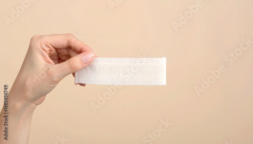 A close-up of a hand holding a small, rectangular bandage against a plain, light-toned backdrop