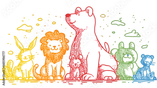 A whimsical group of diverse animals in a colorful sketch.