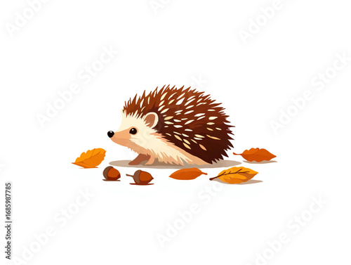 Hedgehog Walks Among Acorns and Autumn Leaves

