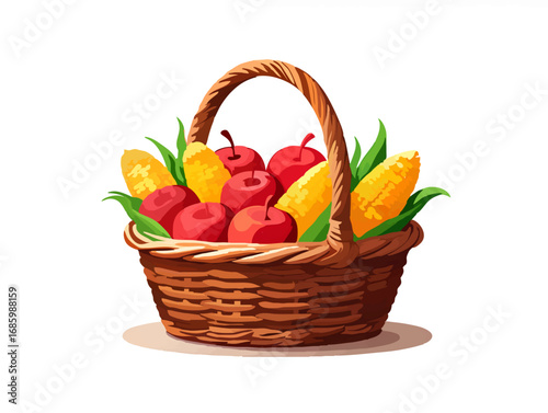 Basket with Apples and Corn, Harvest Still Life

