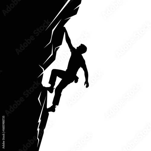 Silhouette of a rock climber on a cliff isolated on white background