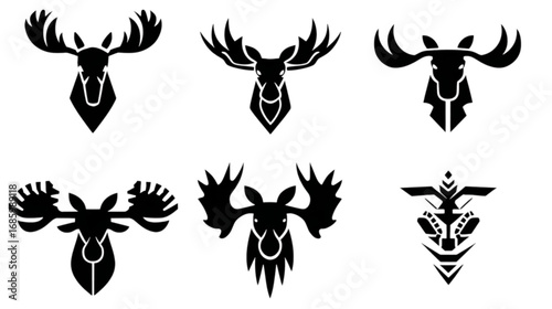 Set of six stylized black moose head vector icons.