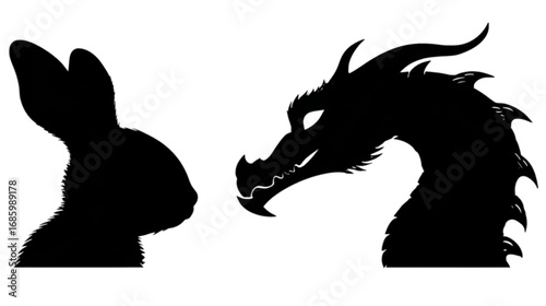 Black Silhouettes of a Rabbit and a Dragon Facing Each Other.
