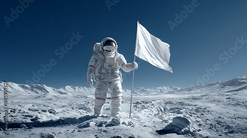 Astronaut standing on a lunar landscape, holding a white flag against a clear blue sky