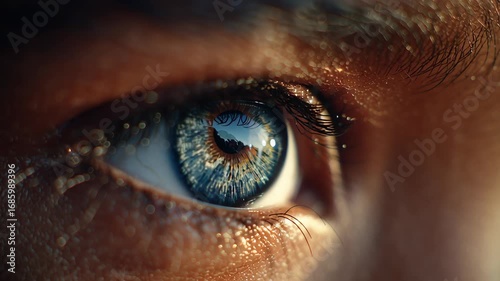 Close-up of a Vibrant Blue Eye with Detailed Iris and Reflection