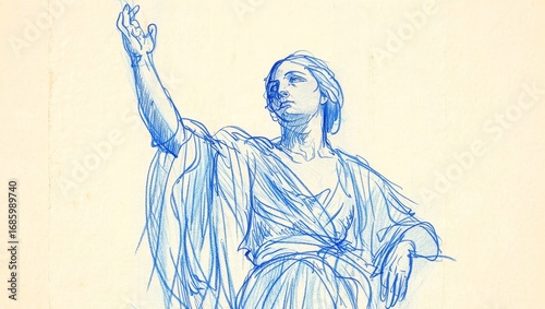 Pensive Woman Sketch - Blue Pencil Drawing of a Contemplative Female Figure
