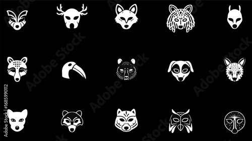 Monochrome collection of stylized animal head icons and masks.