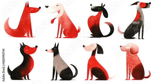 Collection of Modern Stylized Dogs in Red and Black.