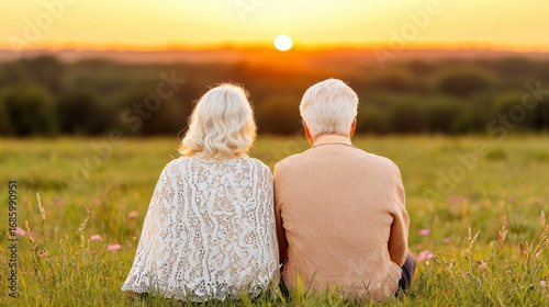 Serene senior couple sitting together in a beautiful meadow enjoying the peace of nature around them