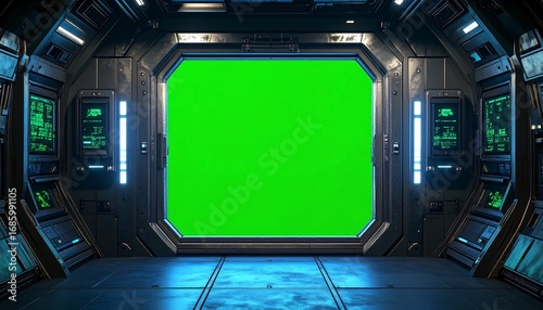 Futuristic spaceship corridor with a large green screen doorway