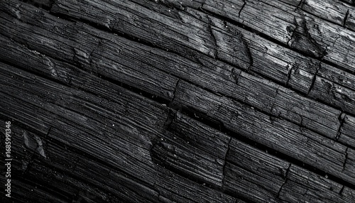 Close-up view of a dark charcoal-colored wood surface, showcasing intricate grain patterns and cracks.