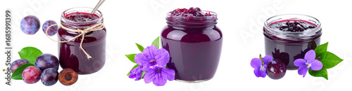 Three Glass Jars Of Purple Plum Jam With Plums And Purple Flowers Isolated On Transparent Background