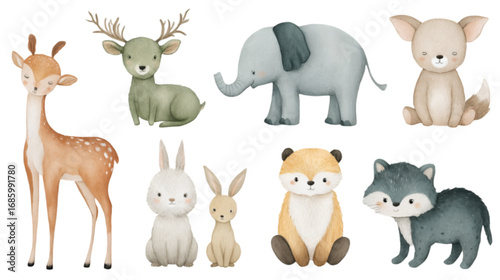 Adorable watercolor baby animals collection including giraffe elephant deer and fox.