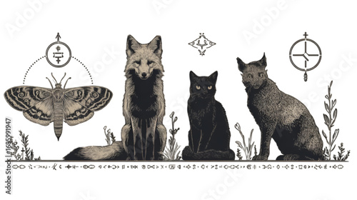 Mystical Witchcraft Illustration of Fox Cat and Moth.